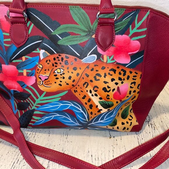 Sukriti Purse Red Leather Hand Painted Leopard Tropical Mob Wife Stunning - Picture 2 of 5